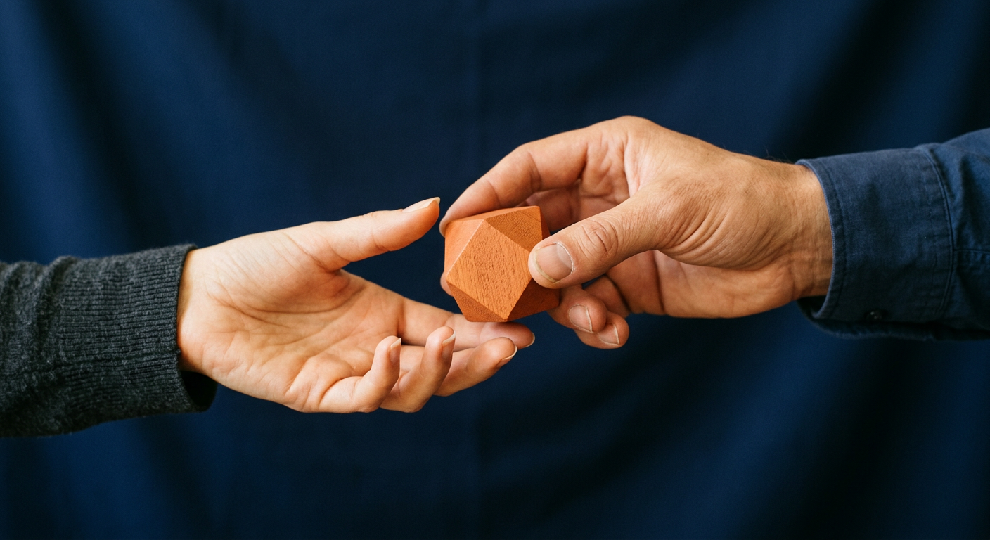 Deux mains se transmettant un petit objet géométrique terracotta, symbole de la remise du projet