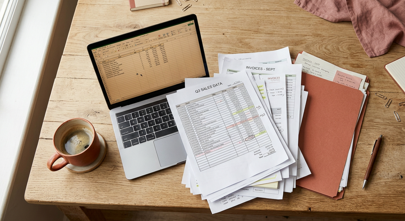 Vue de dessus d'un bureau avec des tableurs imprimés, un ordinateur portable et un dossier